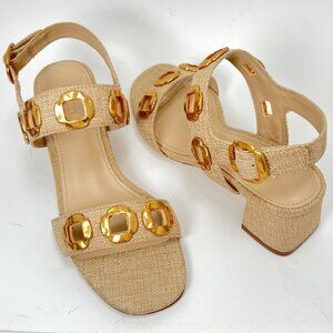 Larroudé Milan Block Heel Sandals Beige Women Brazil Raffia Sandals Size 6.5